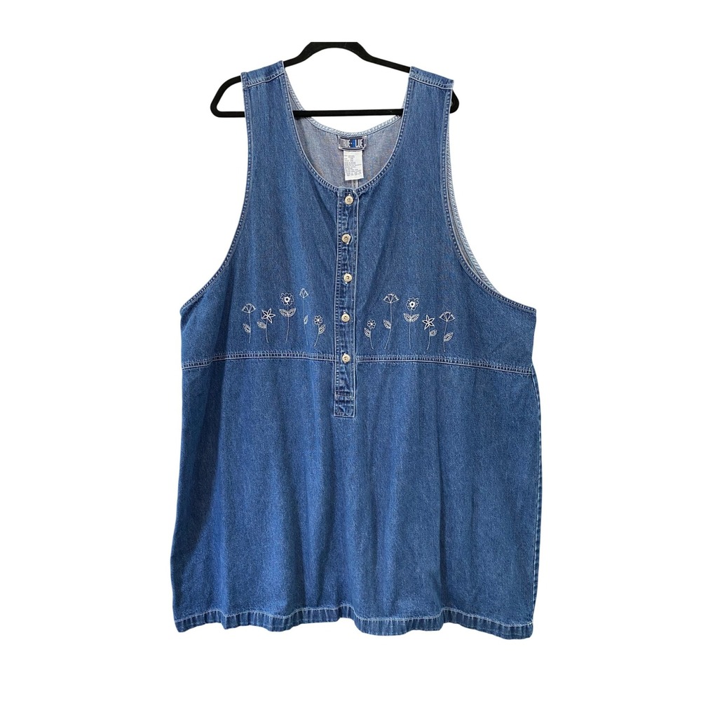 True Blue Denim Jumper Dress Womens 3X Blue Floral Embroidered Button Front Midi